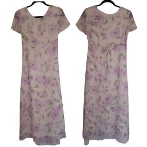 ​Vintage Wanted Floral Maxi Dress Purple Poppy Sheer Tie Waist Cottagecore